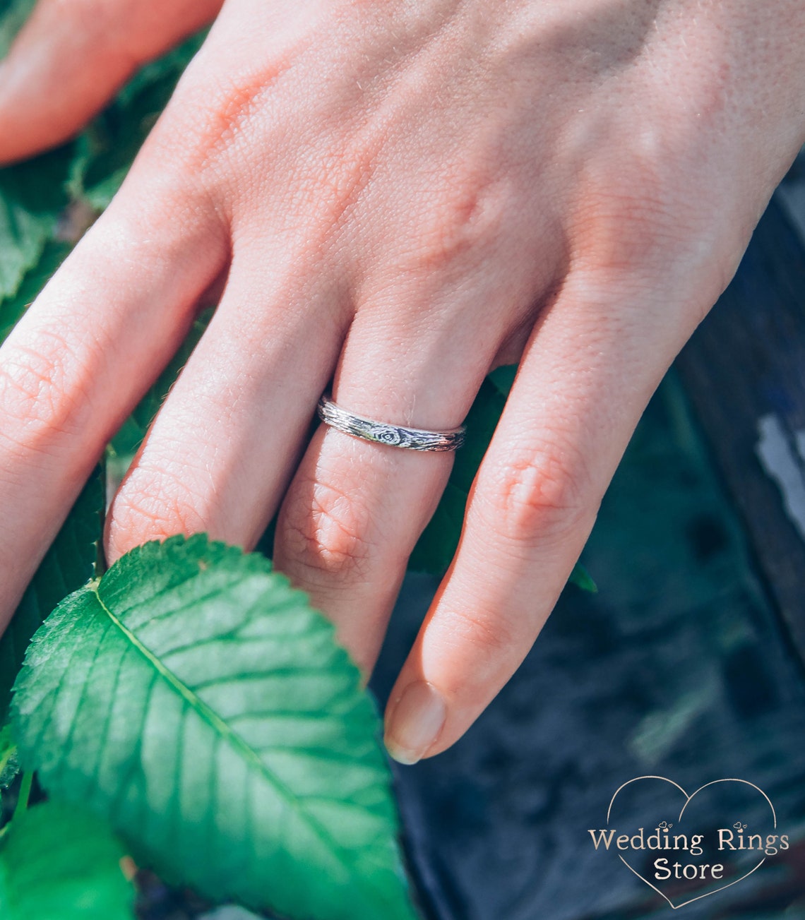 Thin Wedding Band with Tree bark Fine Silver Texture