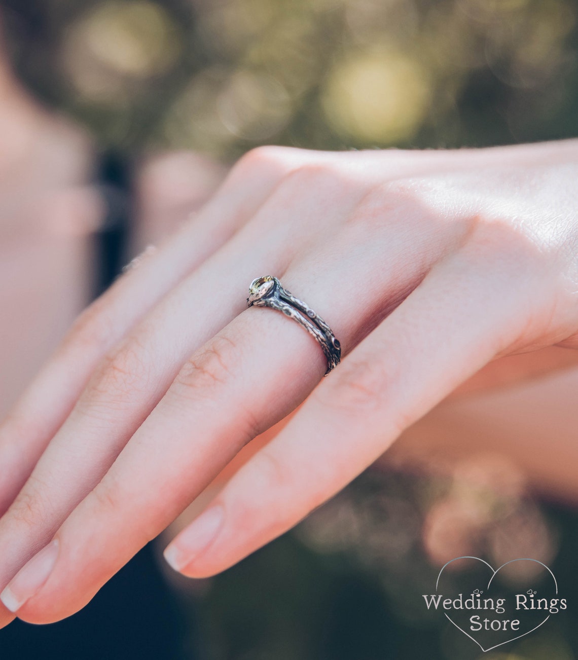 Dainty Peridot & Split Twig Engagement Ring in Solid Silver