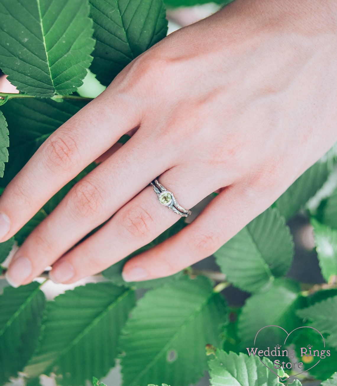 Dainty Peridot & Split Twig Engagement Ring in Solid Silver