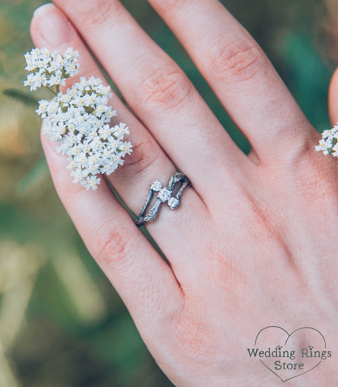 Three Stones on a Three Silver Twigs Cute Engagement Ring