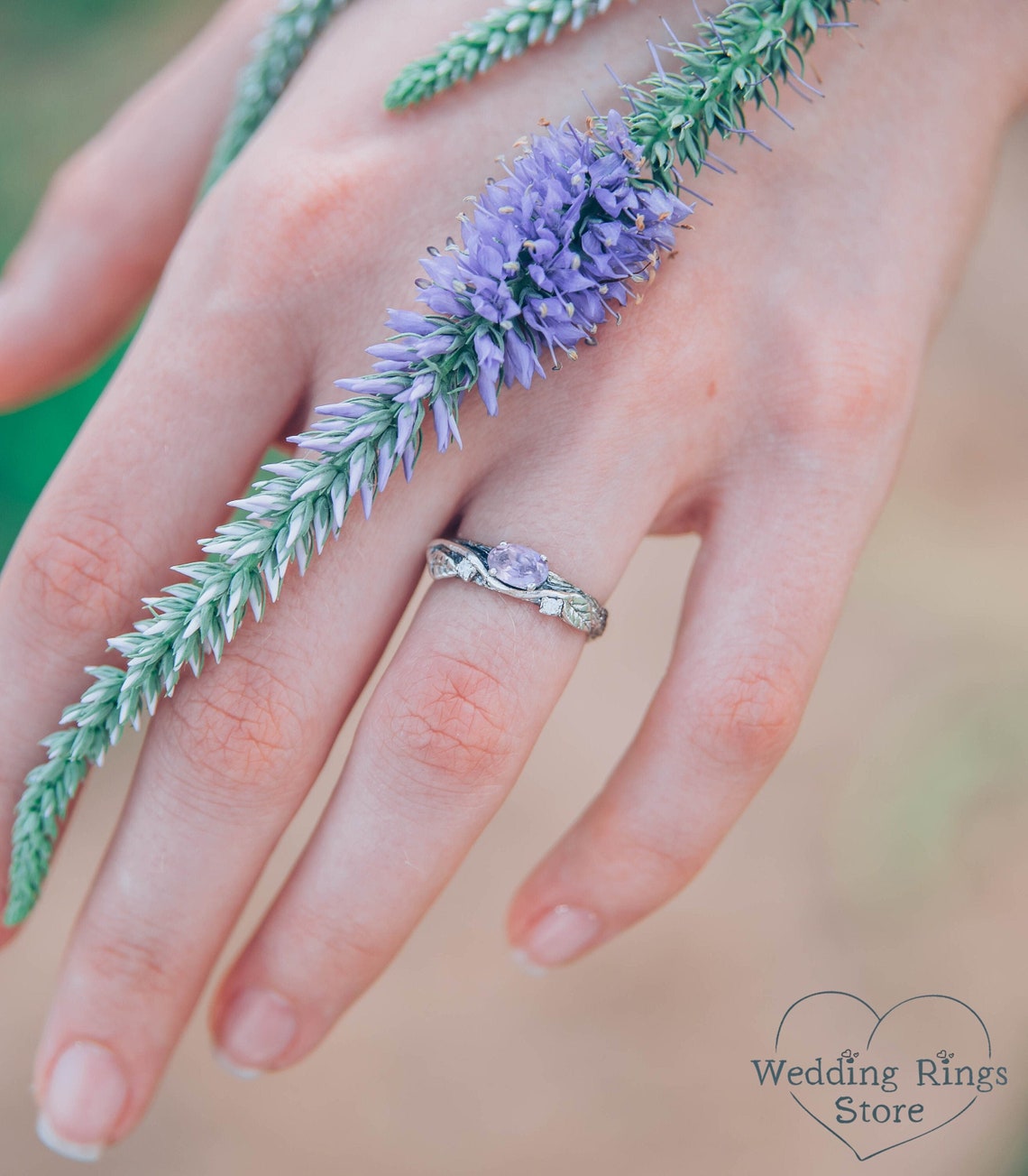 Oval Amethyst Branch and Leaves Engagement Ring with Accents