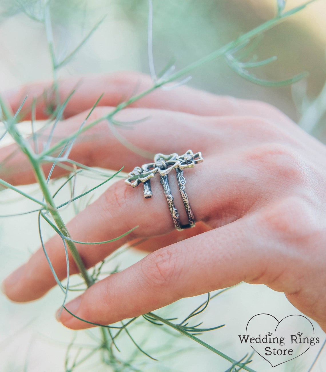 Triple Cubic Zirconia Trefoils on the Silver Branches Ring