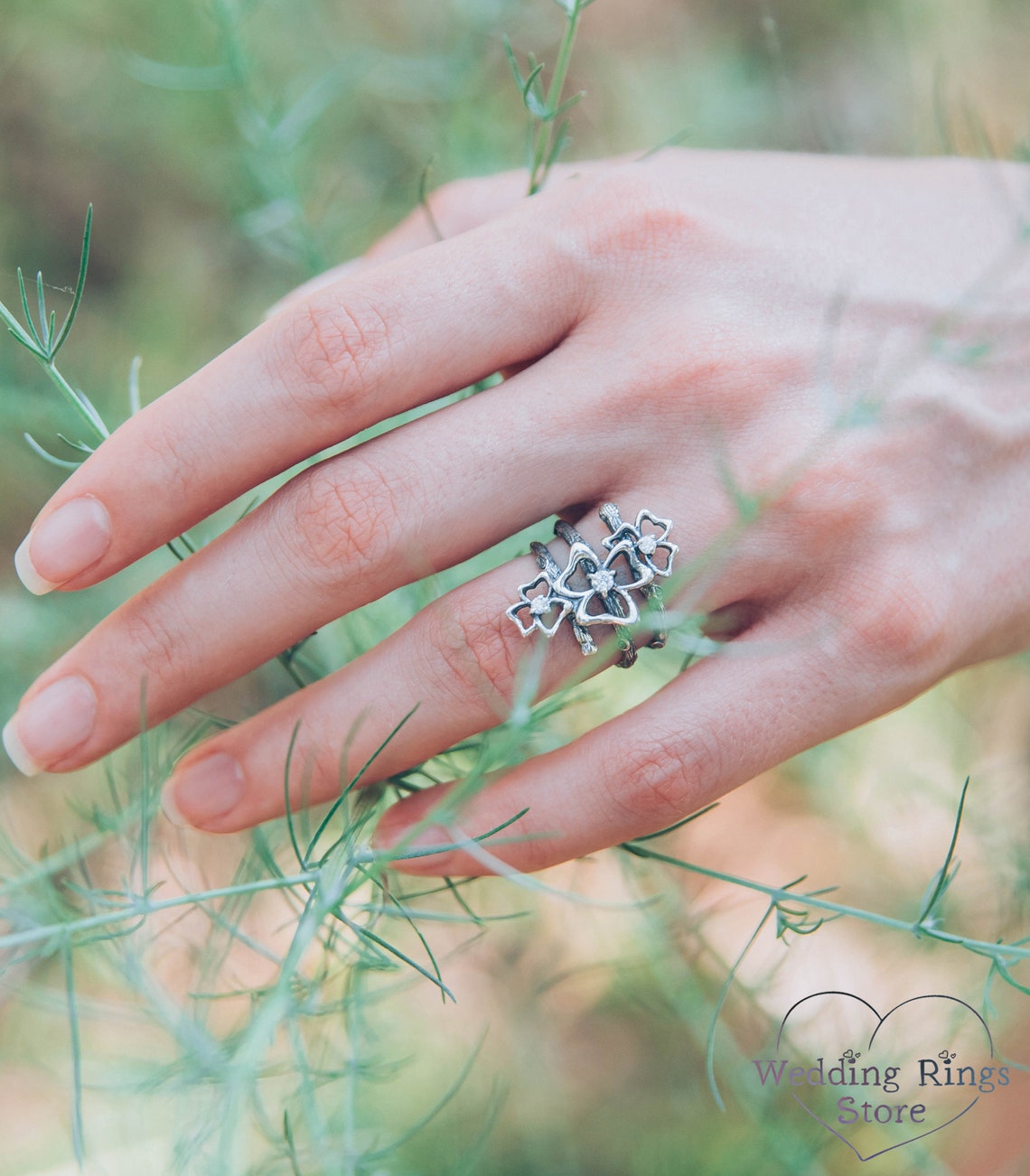 Triple Cubic Zirconia Trefoils on the Silver Branches Ring