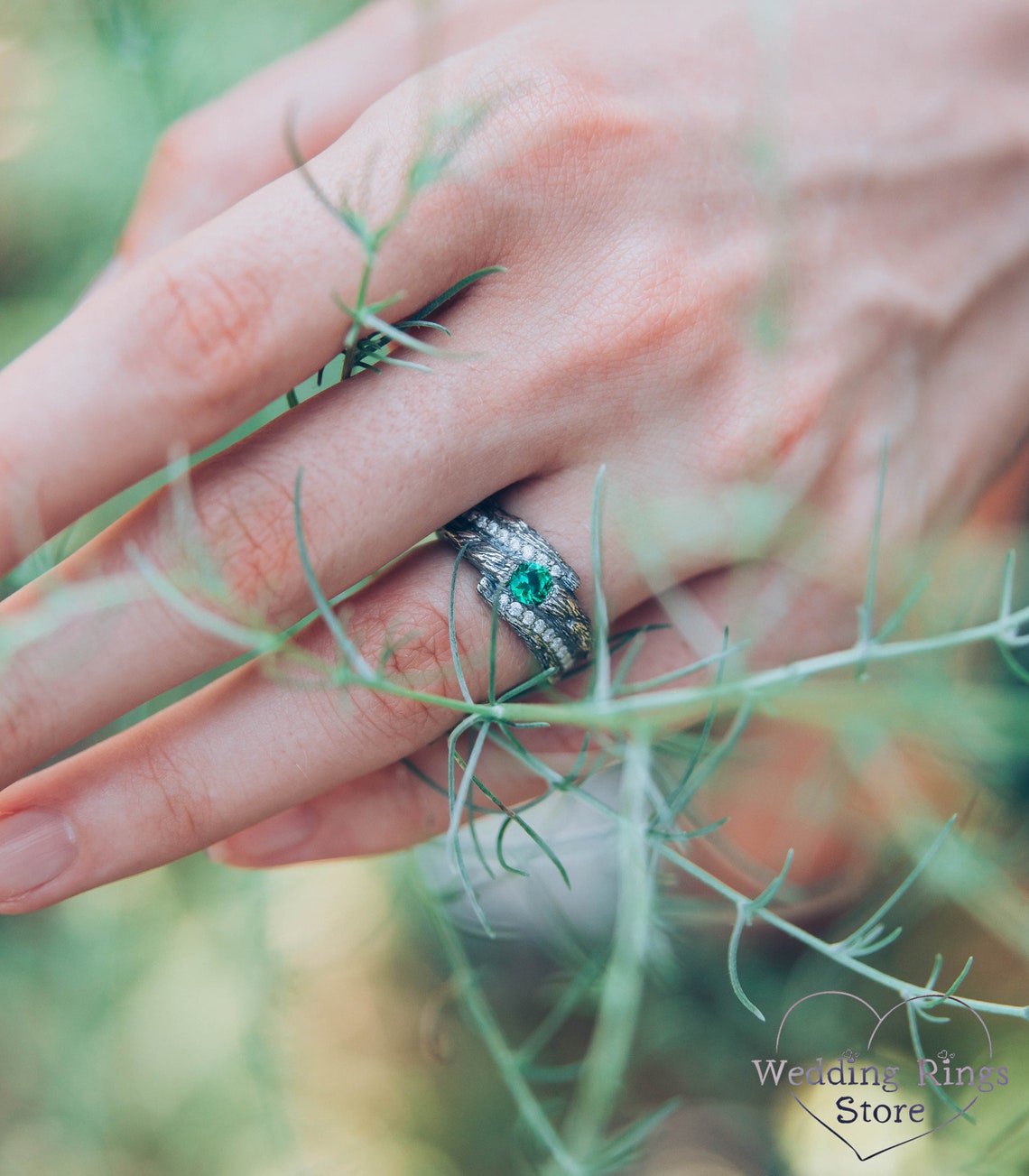 Wide Silver Branch Ring with Magic Emerald & Side CZ