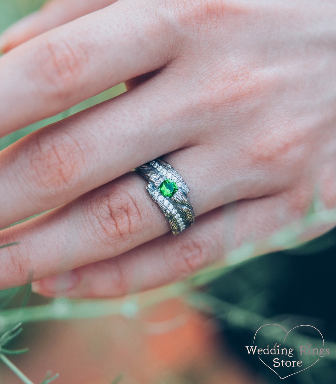 Wide Silver Branch Ring with Magic Emerald & Side CZ