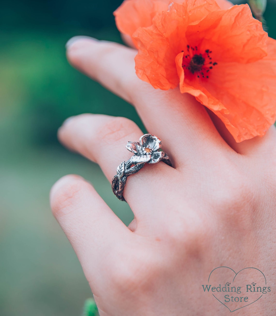 Fine Silver Branch and Citrine flower Engagement Ring