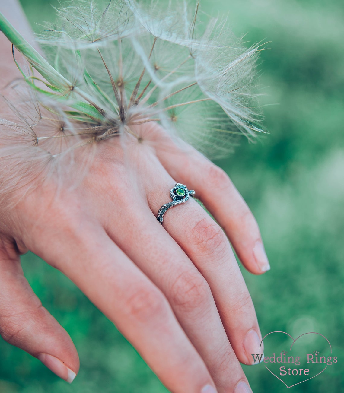 Dainty Braided Silver Twigs with Shiny Emerald inside