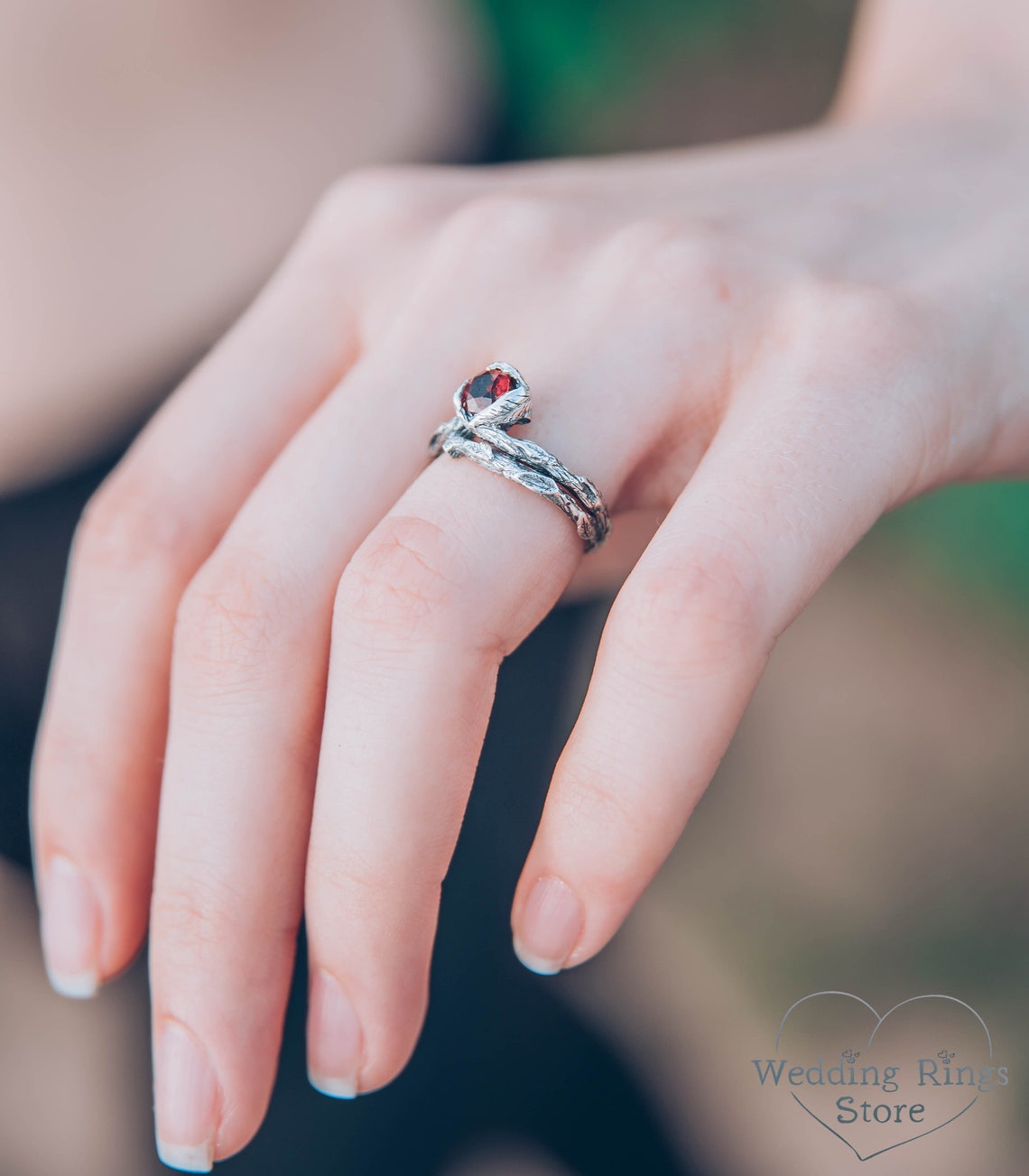 Unusual Branch and Leaves Silver Garnet Engagement Ring