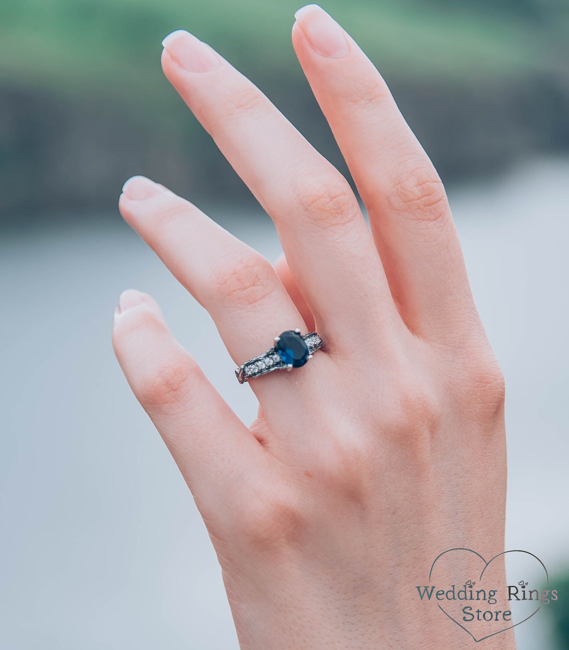 Elegant Sapphire Engagement Ring in Silver imitating Woodbark