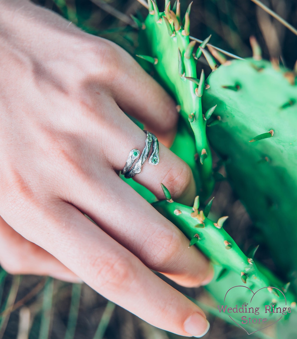 Three petite Branches Unique Silver Promise Ring with Emeralds