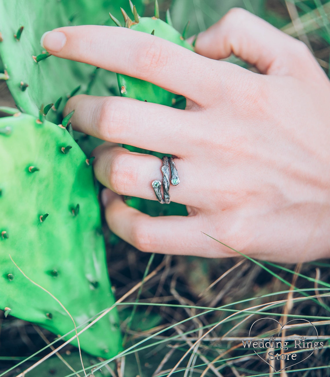 Three petite Branches Unique Silver Promise Ring with Emeralds