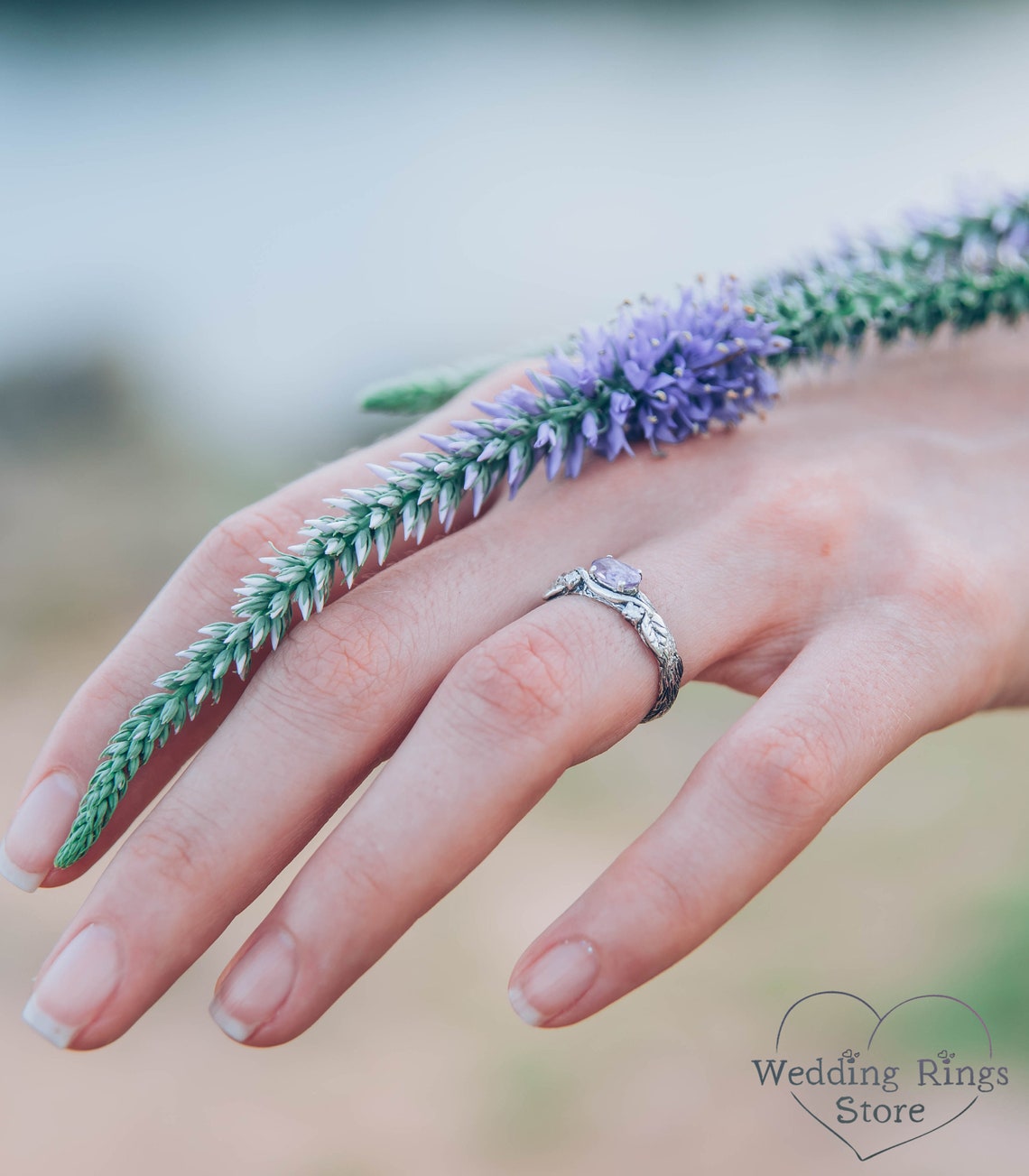 Oval Amethyst Branch and Leaves Engagement Ring with Accents