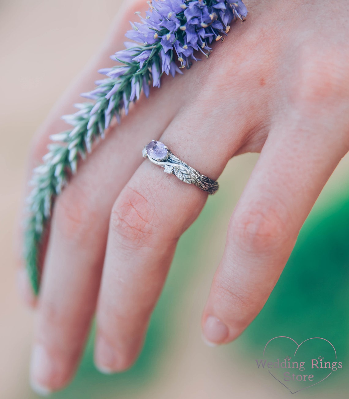 Oval Amethyst Branch and Leaves Engagement Ring with Accents