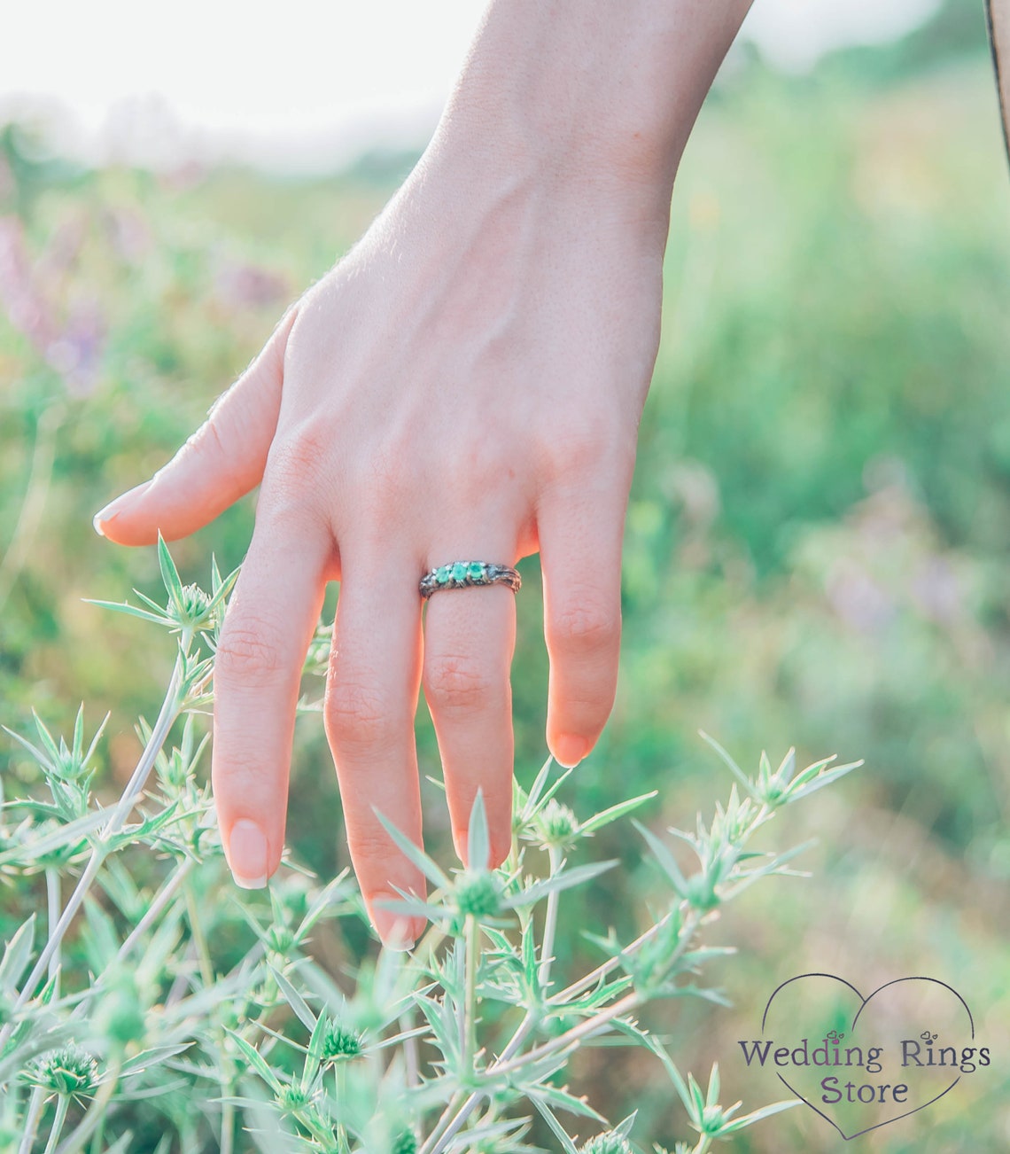 Emeralds on Branch Silver Three Stone Ring for Her