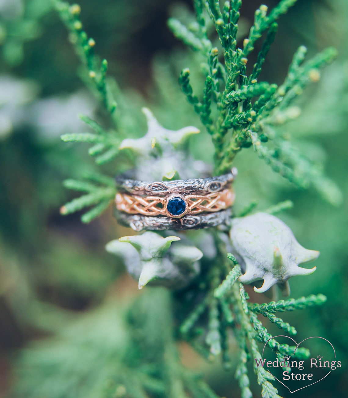 Woodgrain Style and Celtic pattern Mixed Metals Sapphire Wedding Band