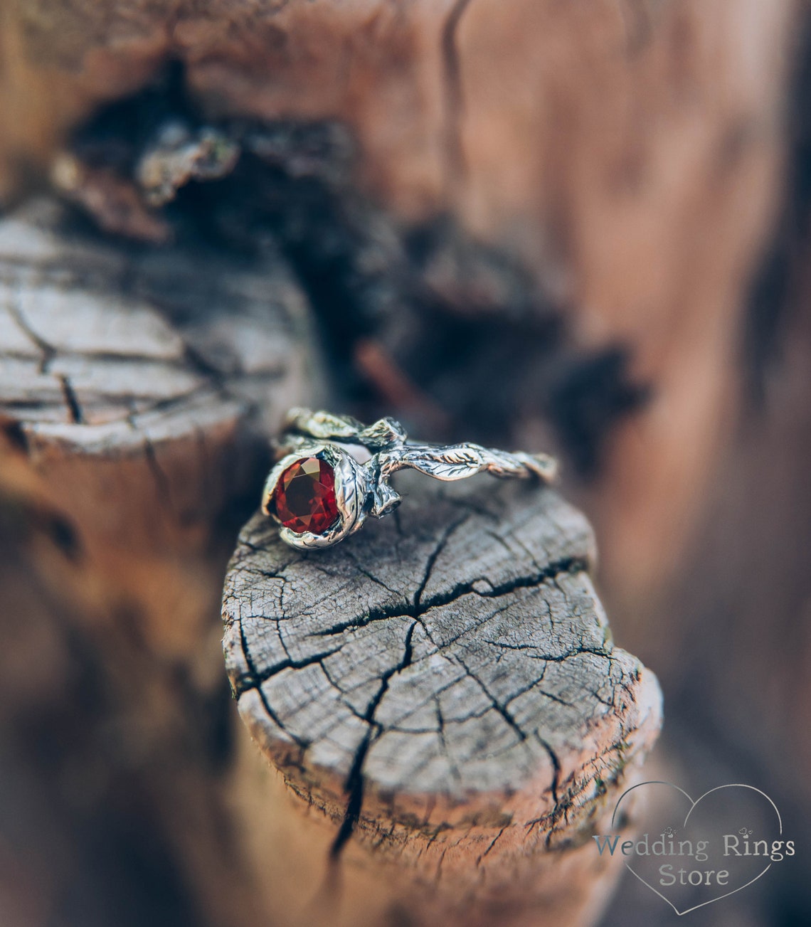 Unusual Branch and Leaves Silver Garnet Engagement Ring