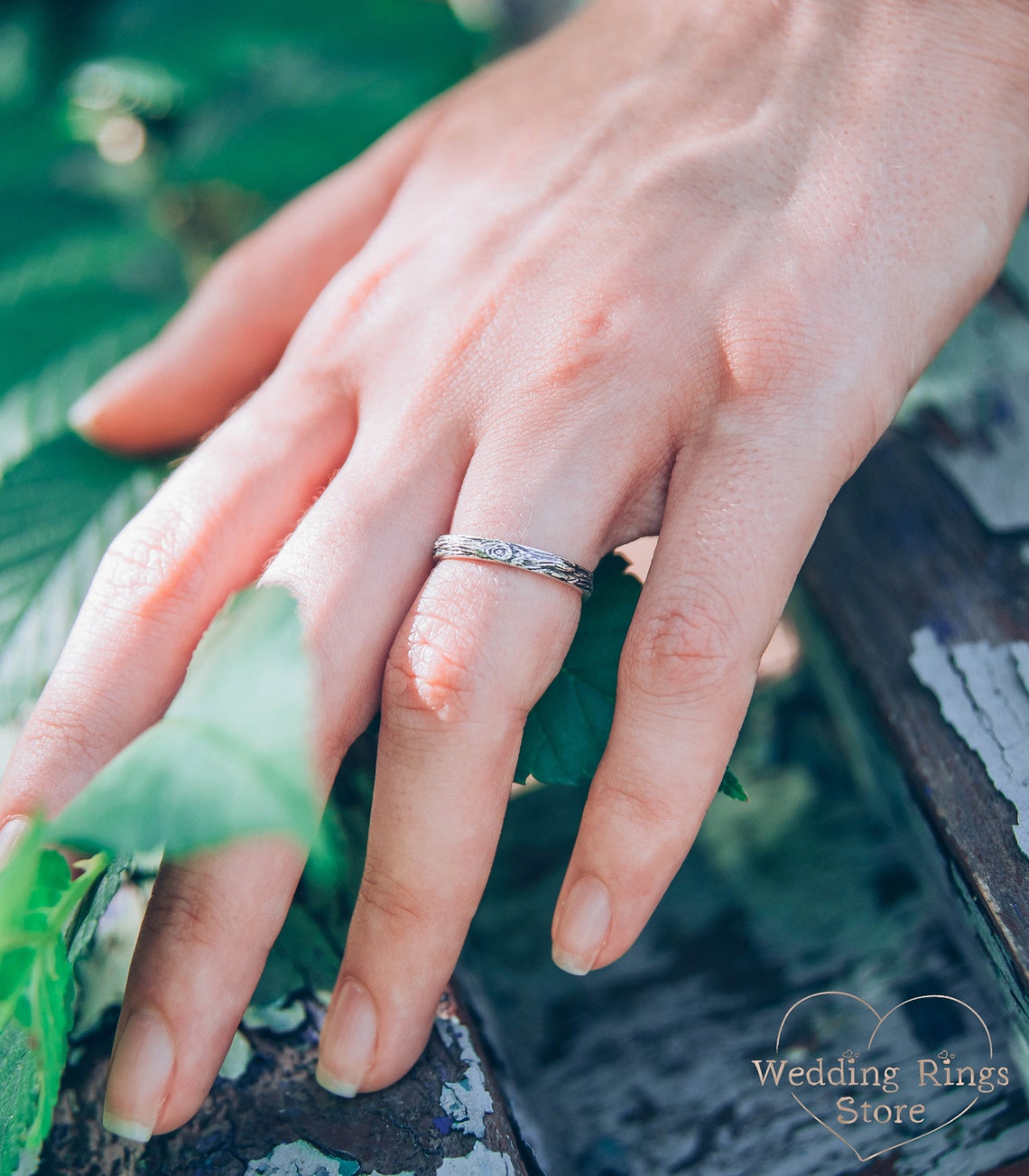 Thin Wedding Band with Tree bark Fine Silver Texture