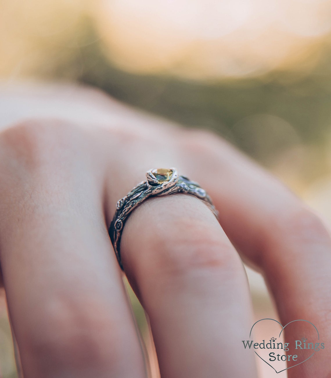 Dainty Peridot & Split Twig Engagement Ring in Solid Silver