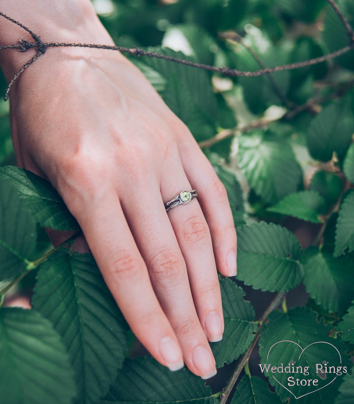 Dainty Peridot & Split Twig Engagement Ring in Solid Silver