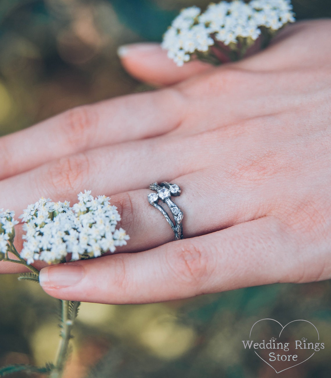 Three Stones on a Three Silver Twigs Cute Engagement Ring