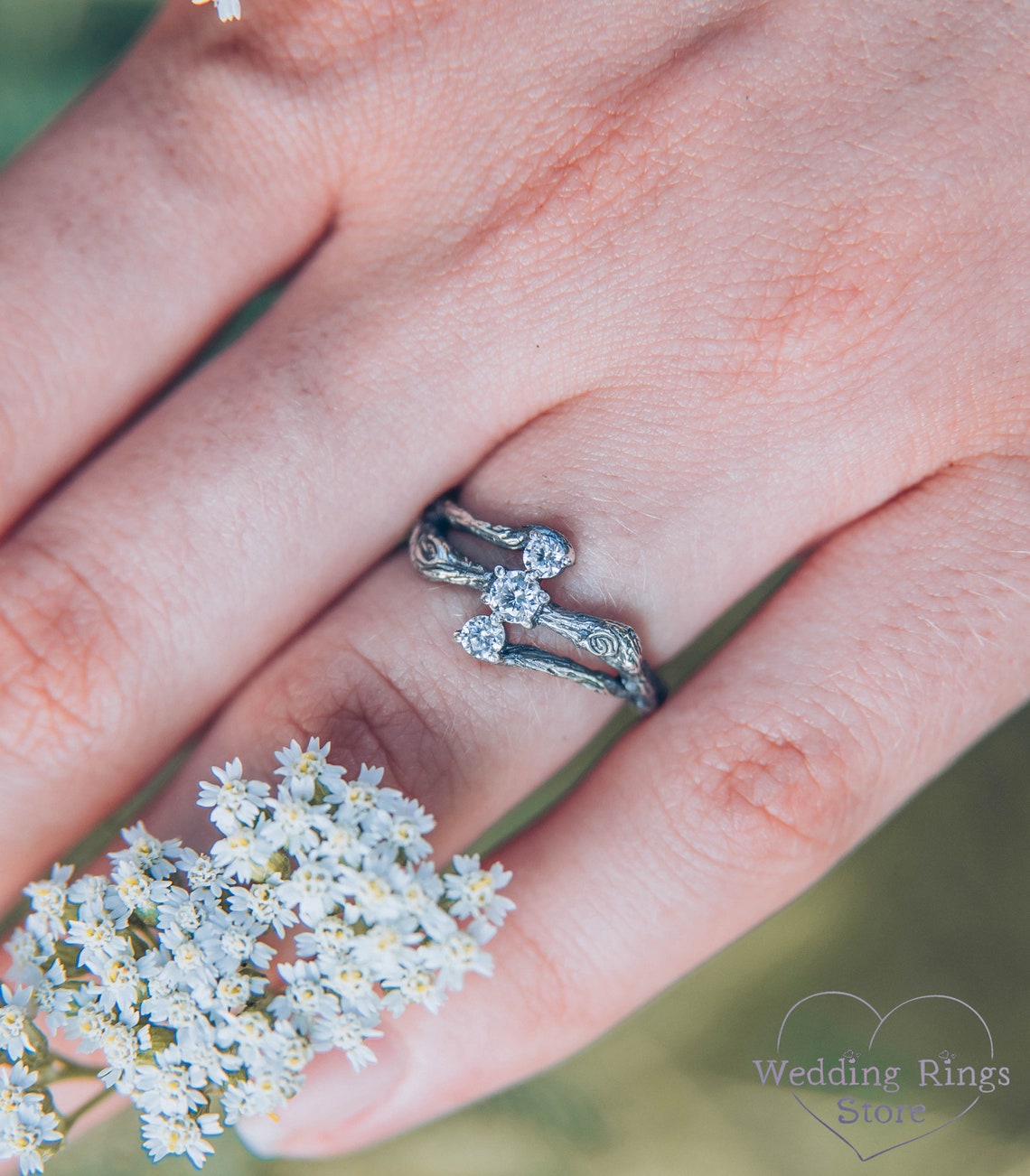 Three Stones on a Three Silver Twigs Cute Engagement Ring