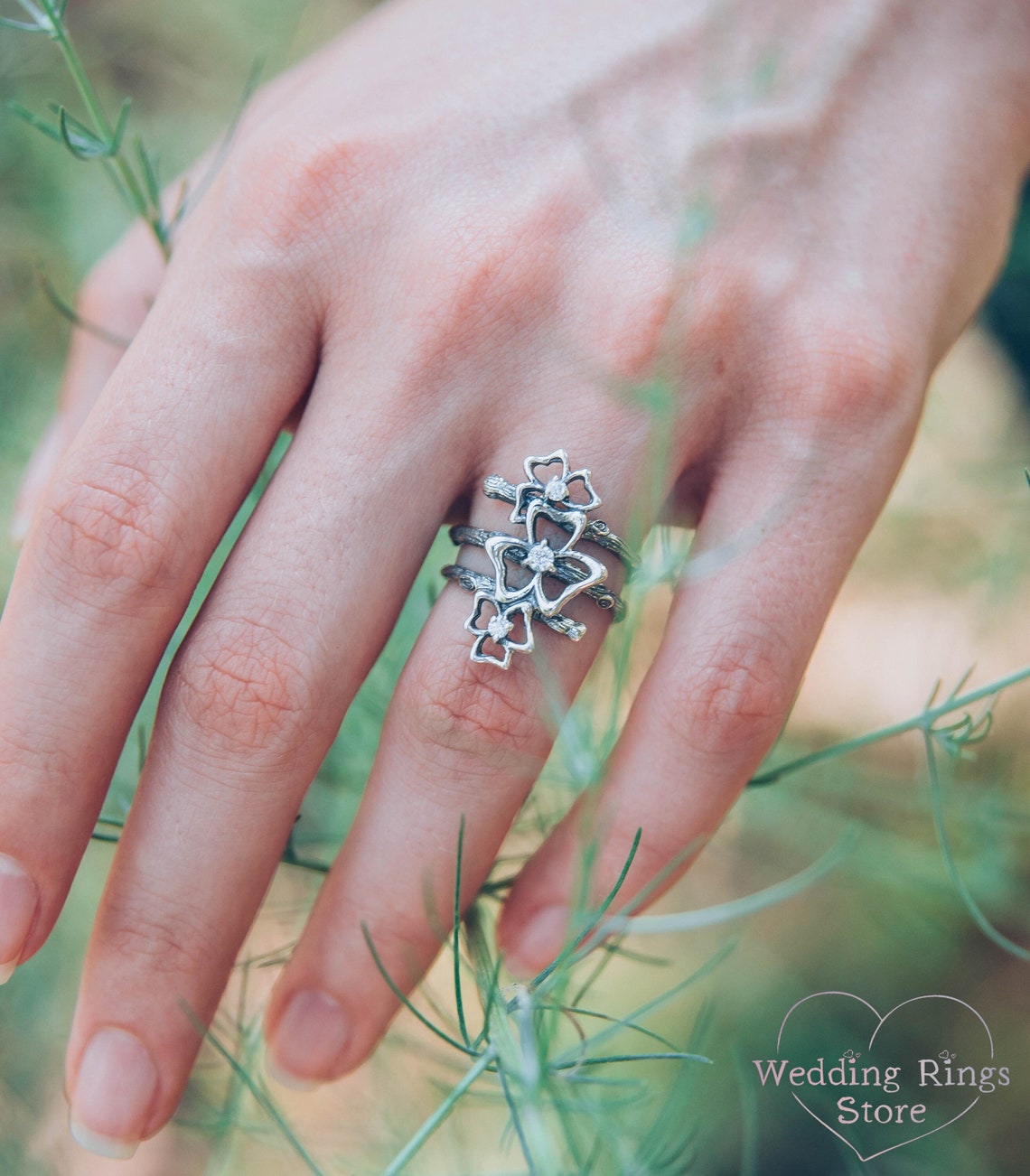 Triple Cubic Zirconia Trefoils on the Silver Branches Ring