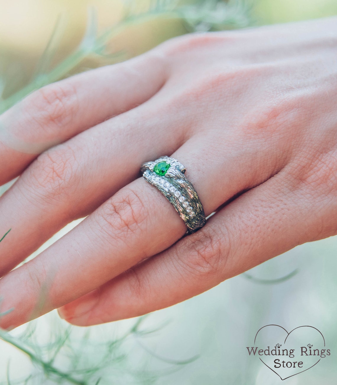 Wide Silver Branch Ring with Magic Emerald & Side CZ