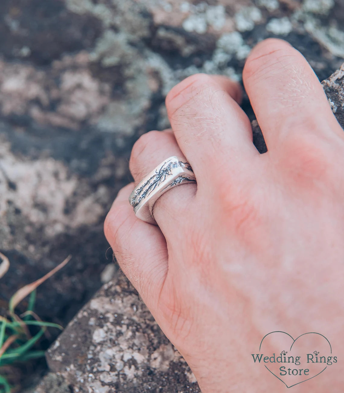 Large and Heavy Damaged Style Flat Solid Silver Ring