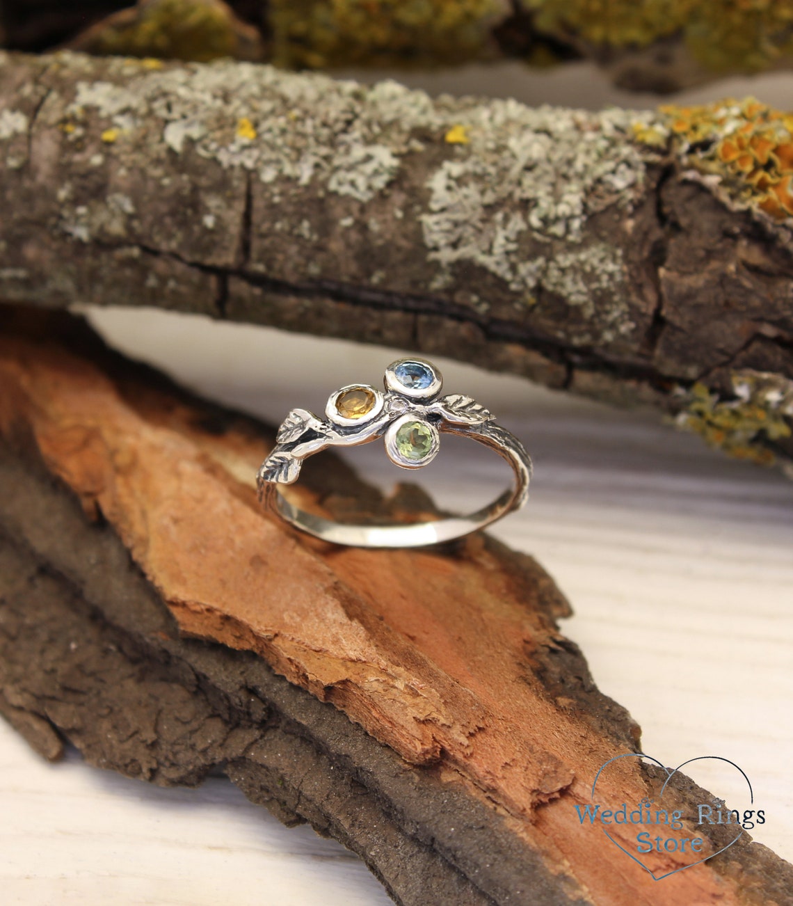 Three Birthstones Fine Silver Twig & Leaves dainty Ring