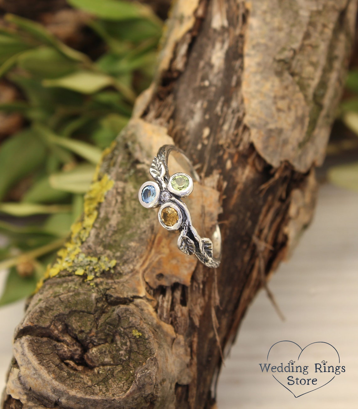 Three Birthstones Fine Silver Twig & Leaves dainty Ring