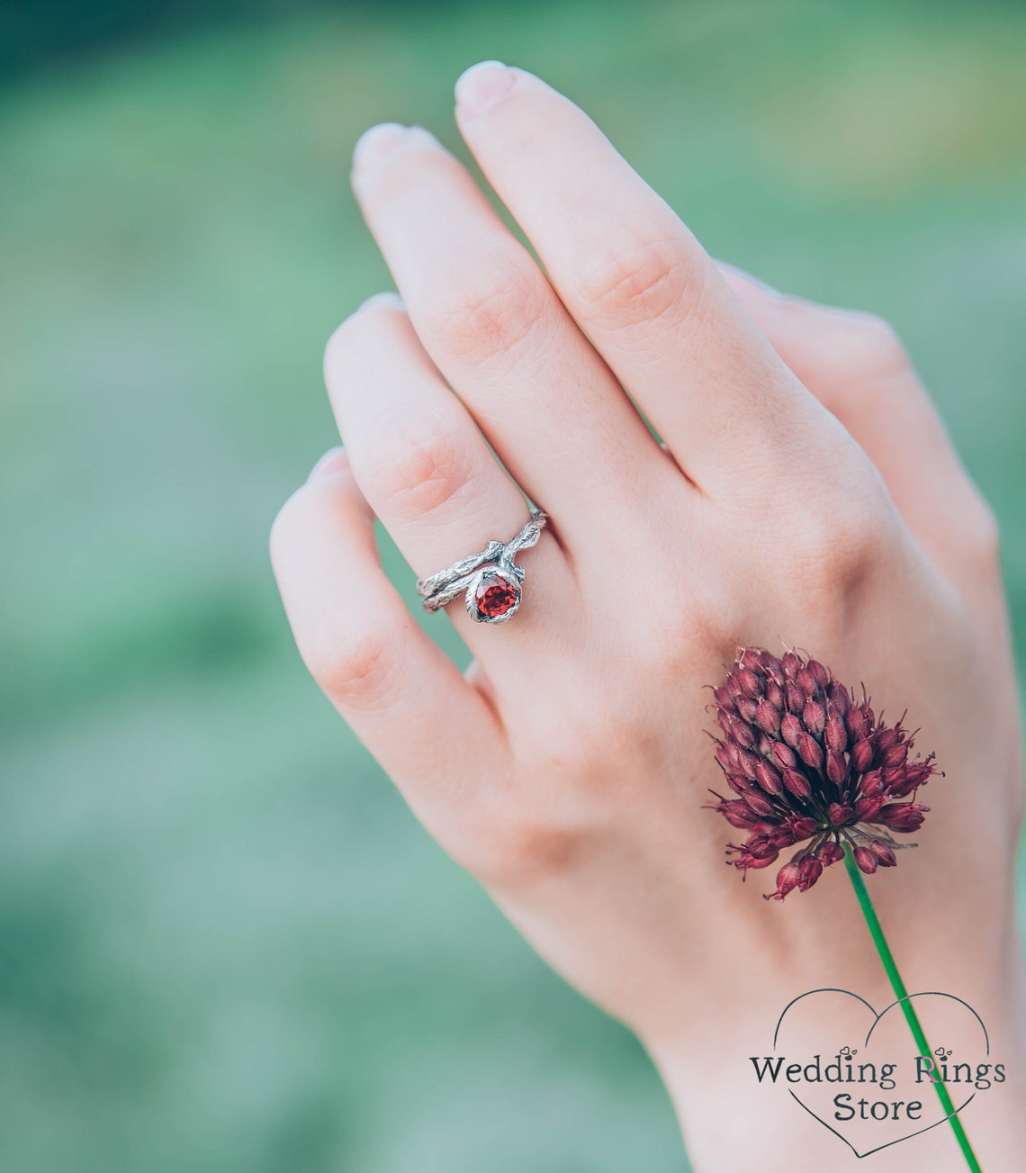 Unusual Branch and Leaves Silver Garnet Engagement Ring