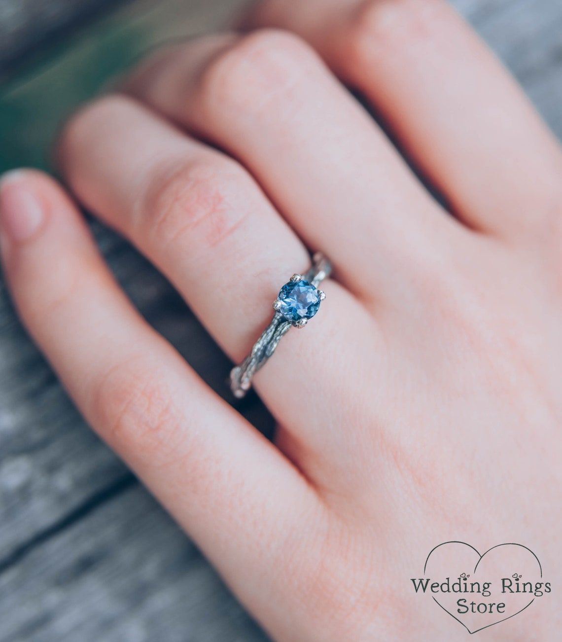 Tiny twisted Twigs Engagement Ring with London Blue Topaz