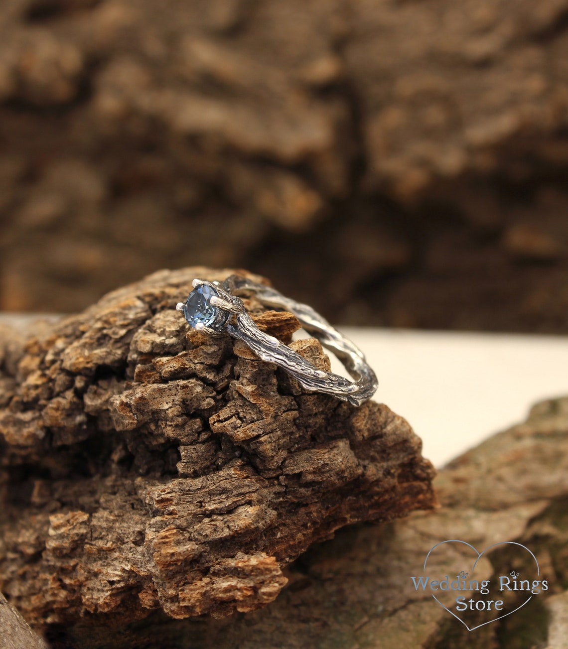 Tiny twisted Twigs Engagement Ring with London Blue Topaz