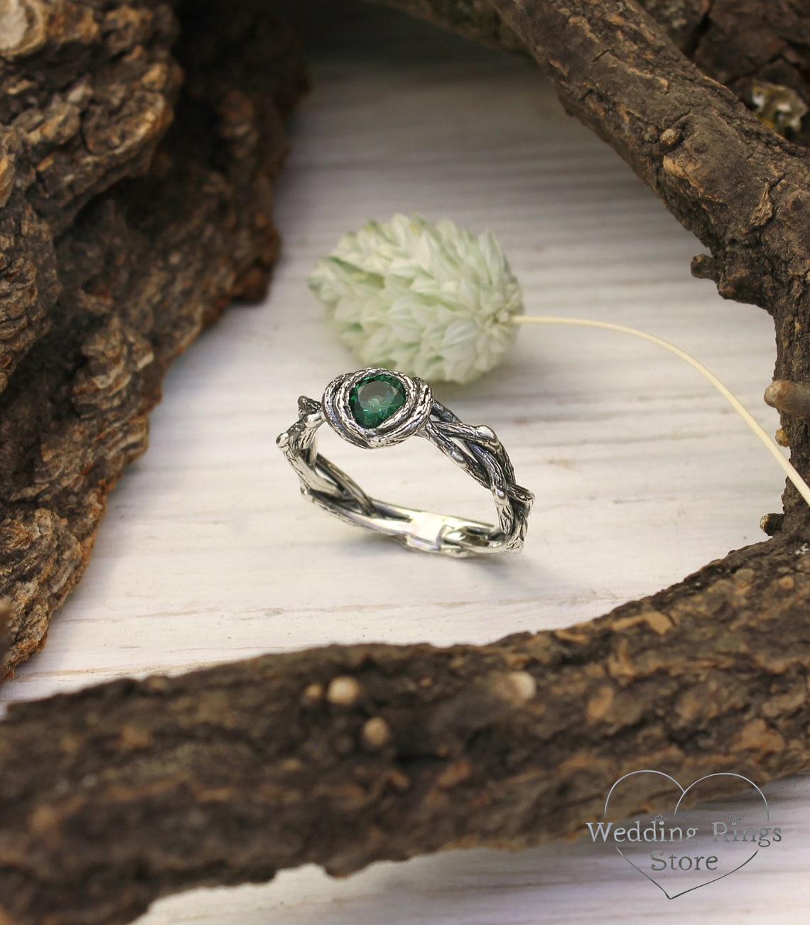 Twisted Twigs Silver Whimsical Engagement Ring & Green Tourmaline