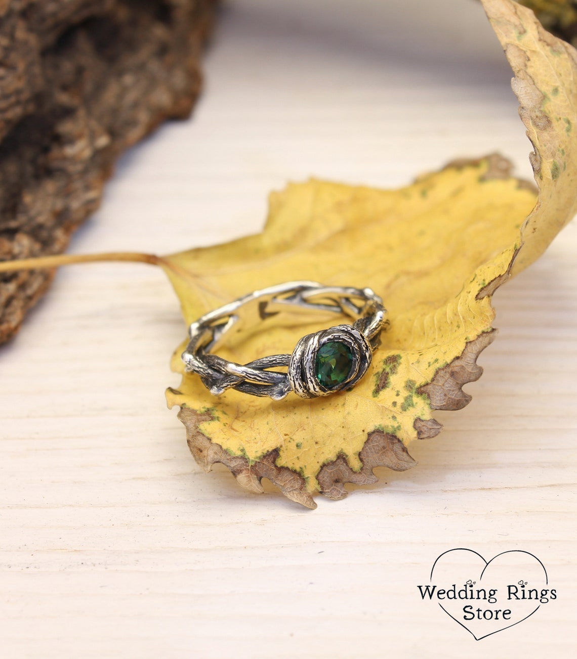 Twisted Twigs Silver Whimsical Engagement Ring & Green Tourmaline