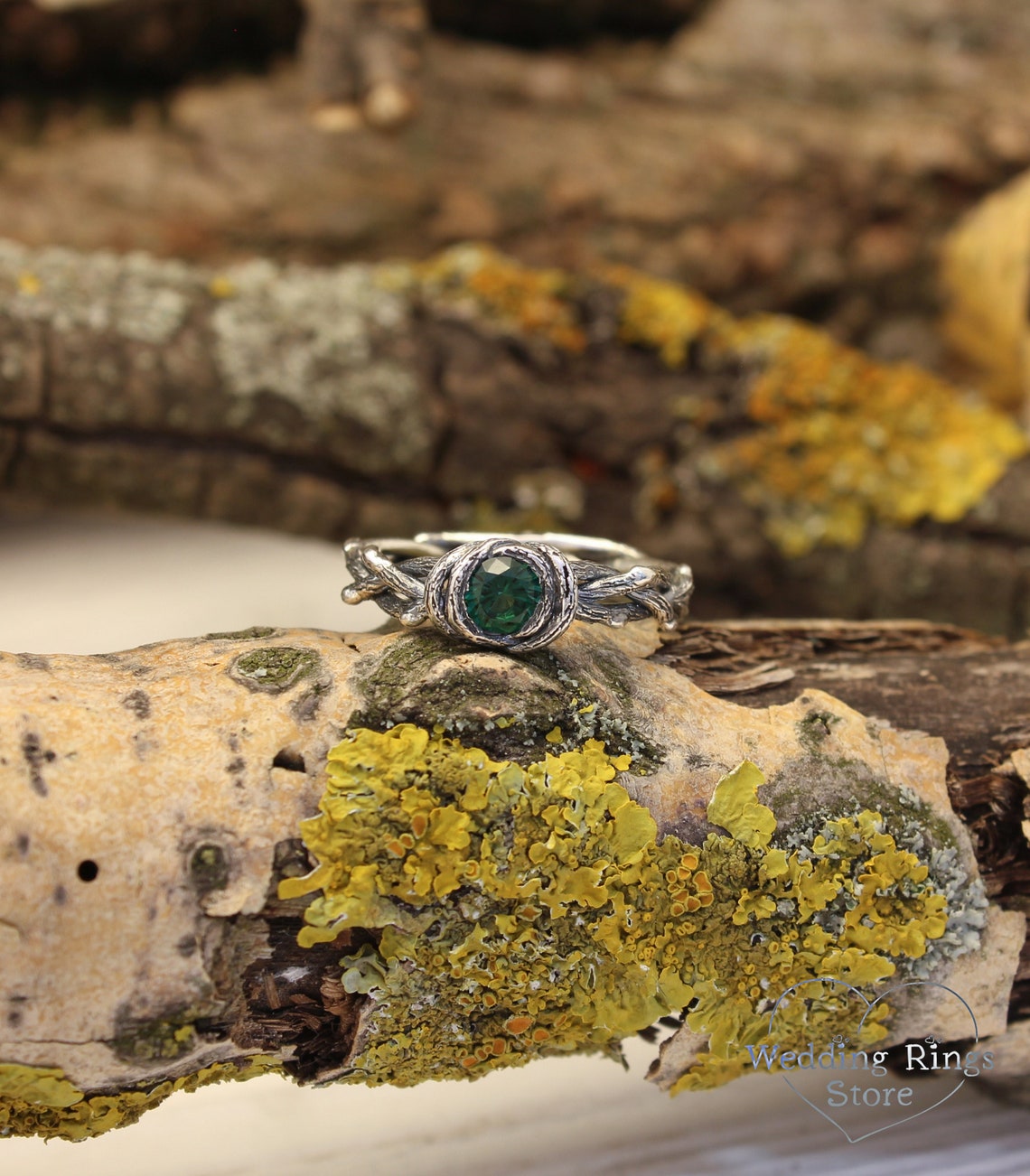 Twisted Twigs Silver Whimsical Engagement Ring & Green Tourmaline