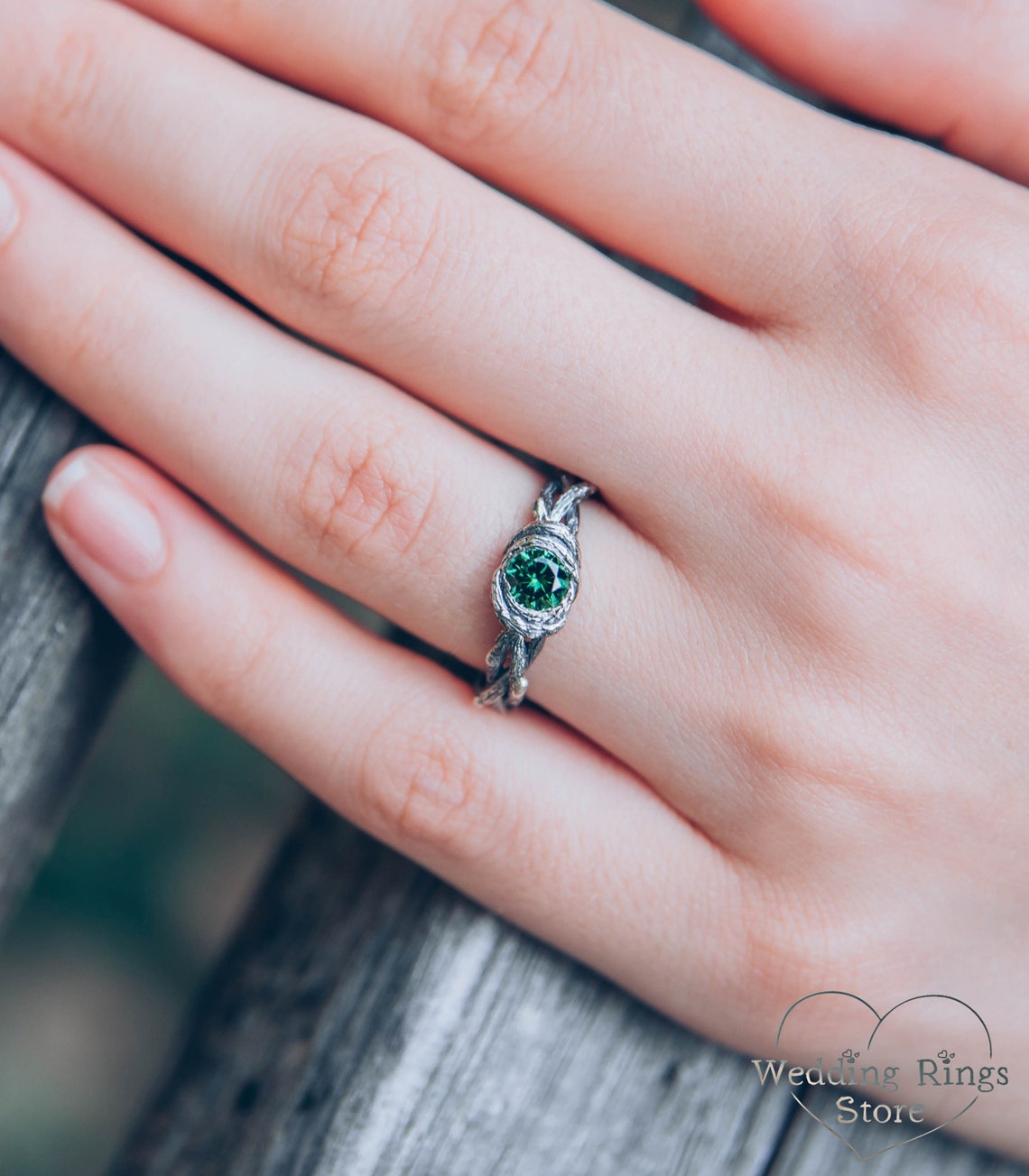 Twisted Twigs Silver Whimsical Engagement Ring & Green Tourmaline