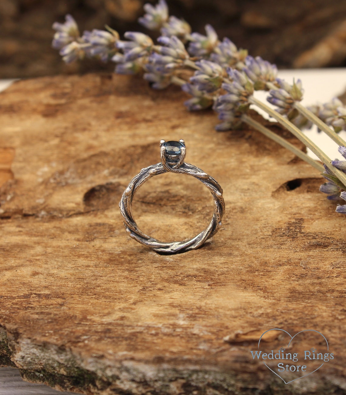 Tiny twisted Twigs Engagement Ring with London Blue Topaz