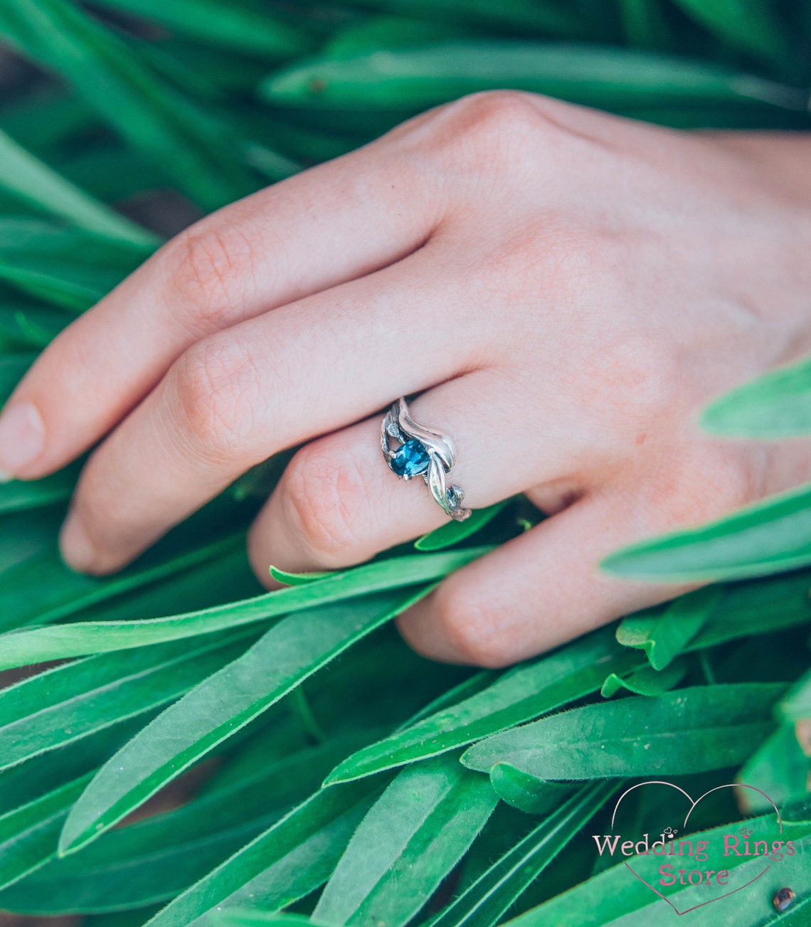 Tiny Silver Branch and Leaves with blue Topaz Engagement Ring