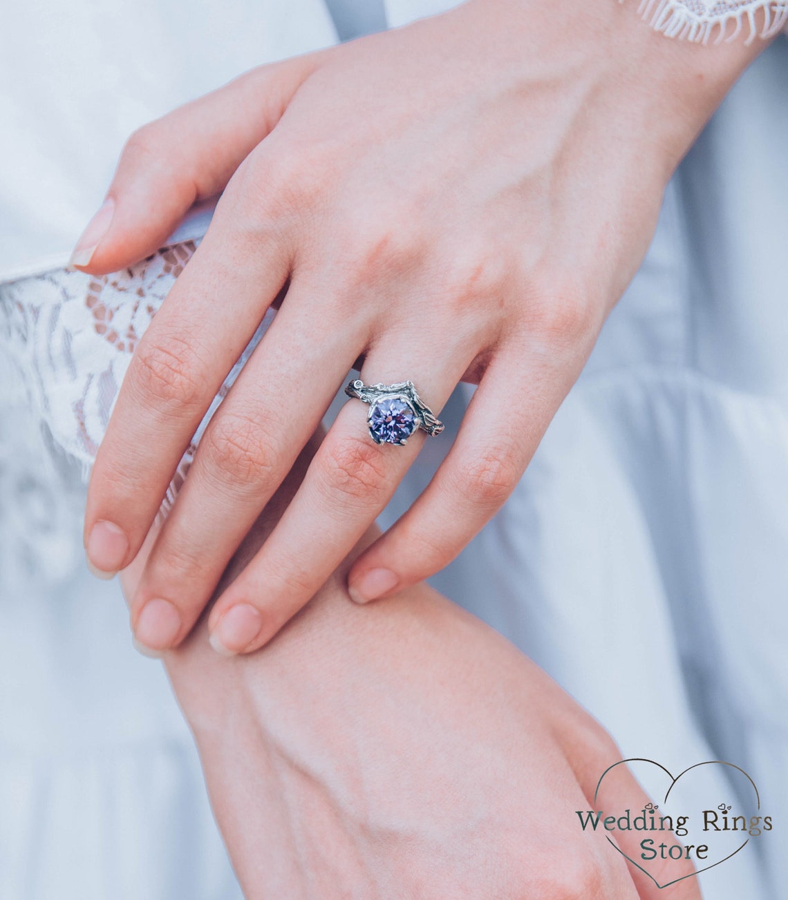 Big Amethyst Chevron Statement Ring & Leaves on a Silver Branch