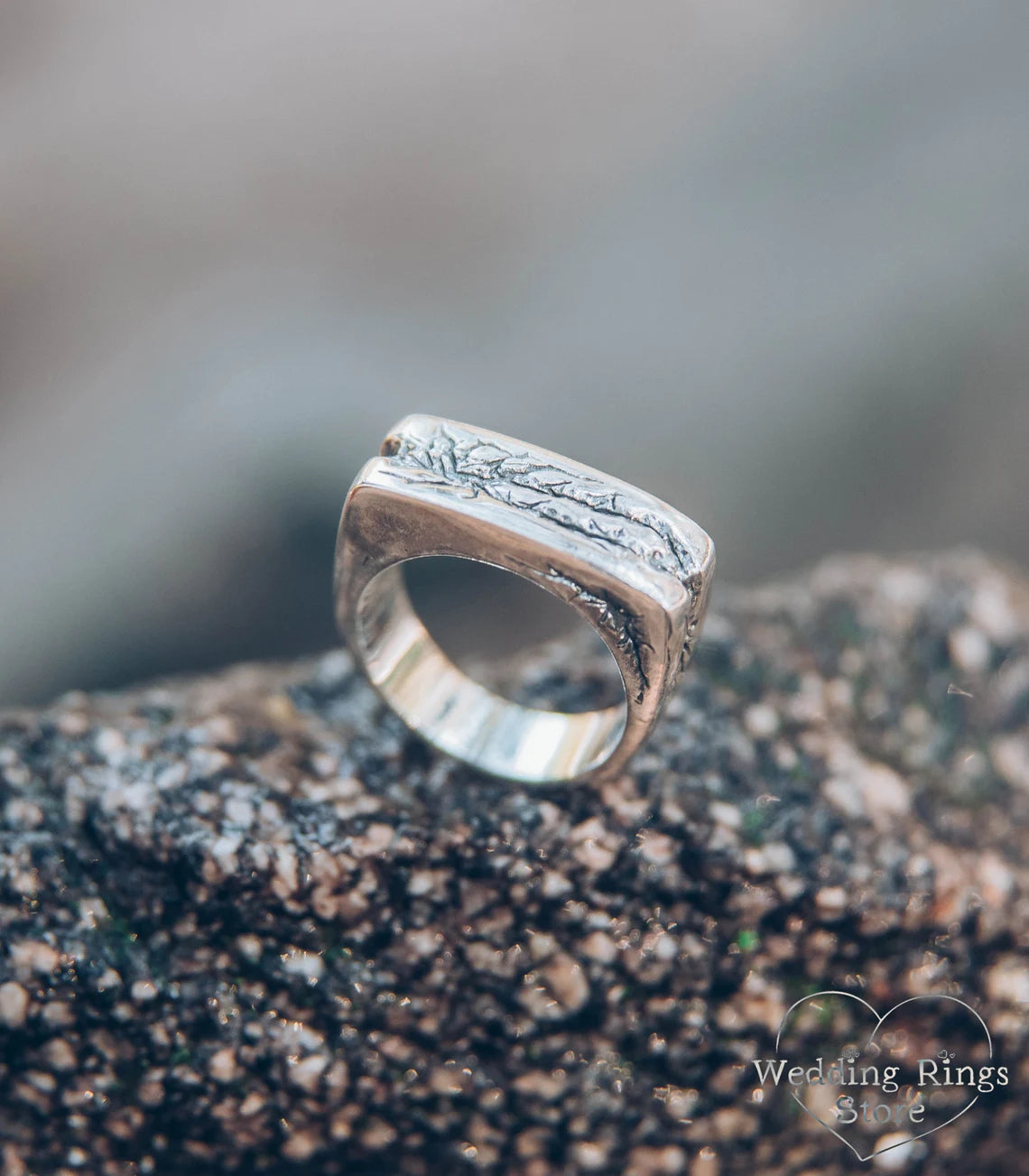 Large and Heavy Damaged Style Flat Solid Silver Ring