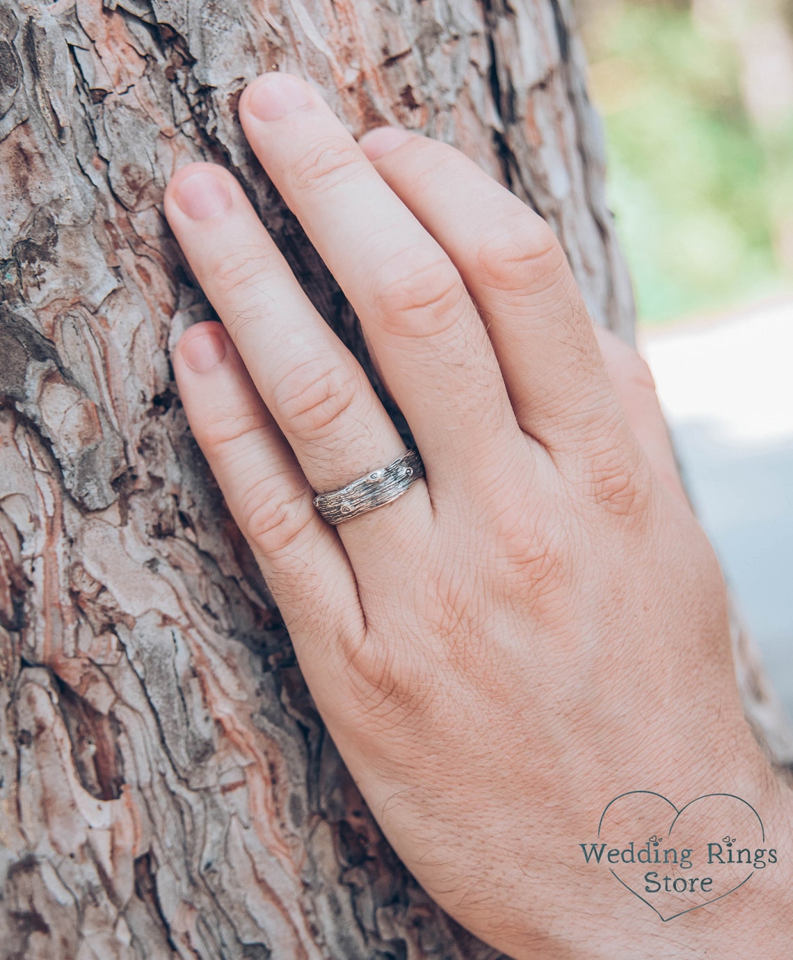 Oxidized Silver Tree bark Men's Large Wedding Band