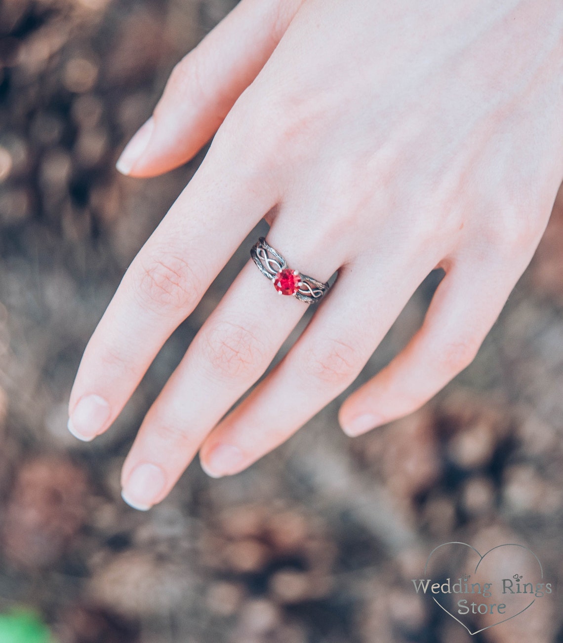 Dainty Ruby with Silver Infinity Branch Engagement Ring