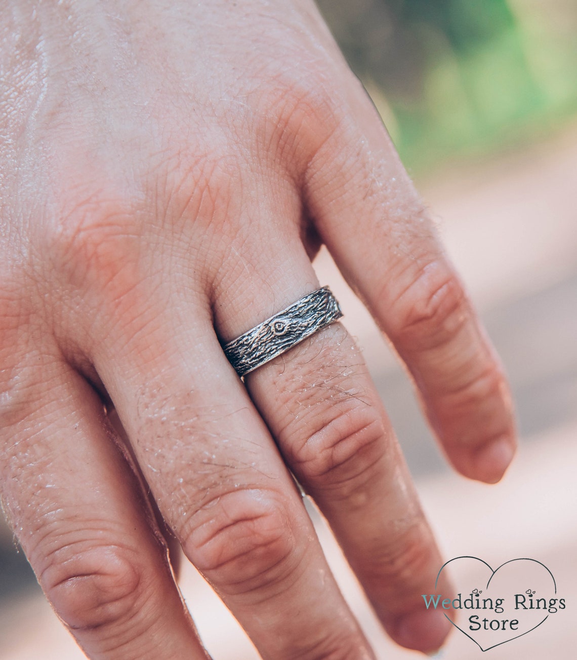 Rustic Wedding Ring with Woodbark textured 925 Fine Silver