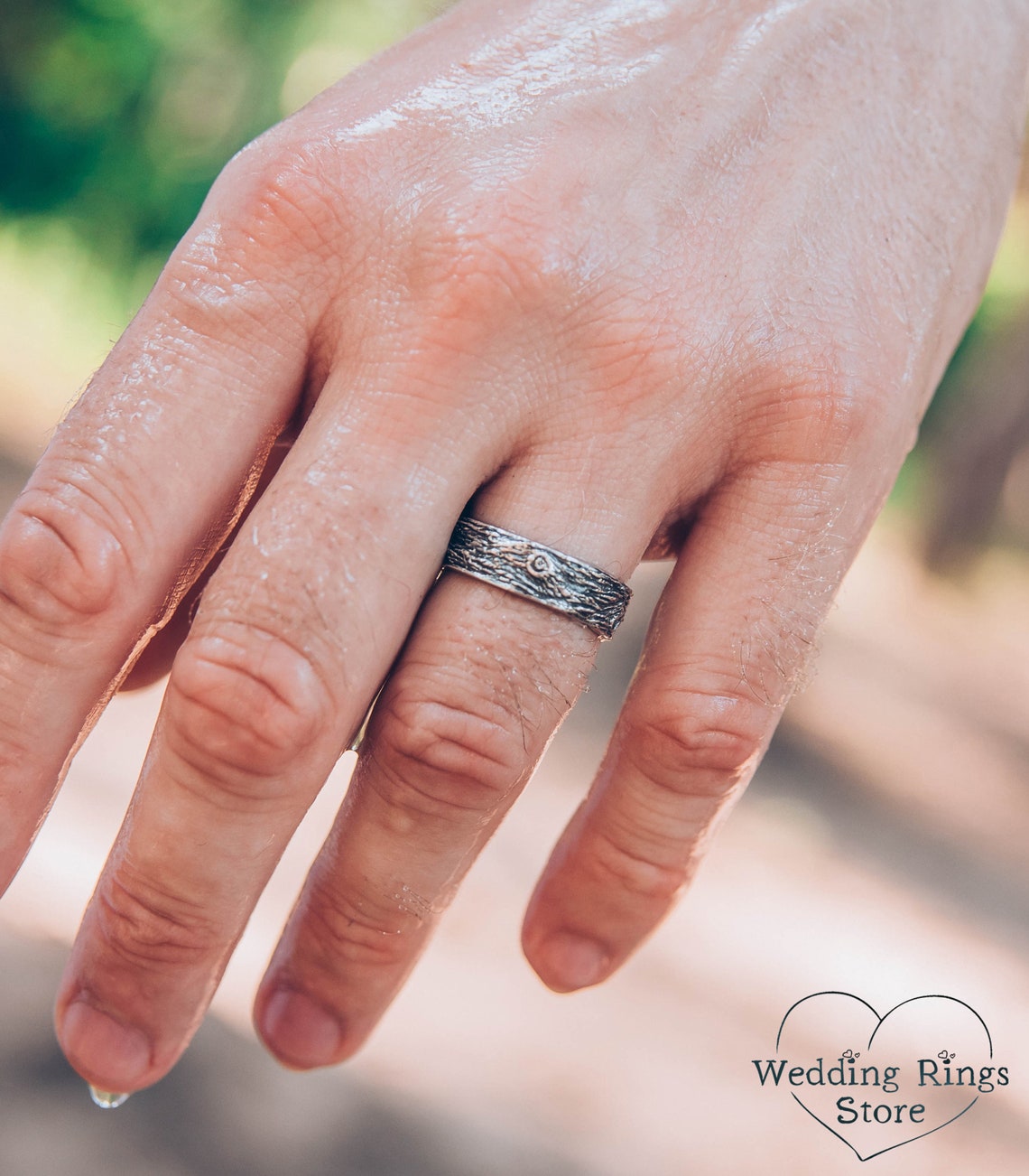 Rustic Wedding Ring with Woodbark textured 925 Fine Silver