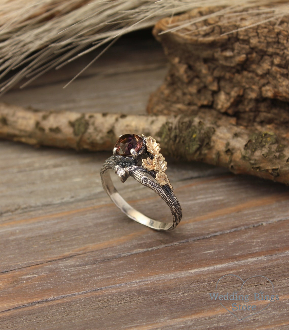 Ametrine Silver Twig Engagement Ring with Gold Oak Leaves