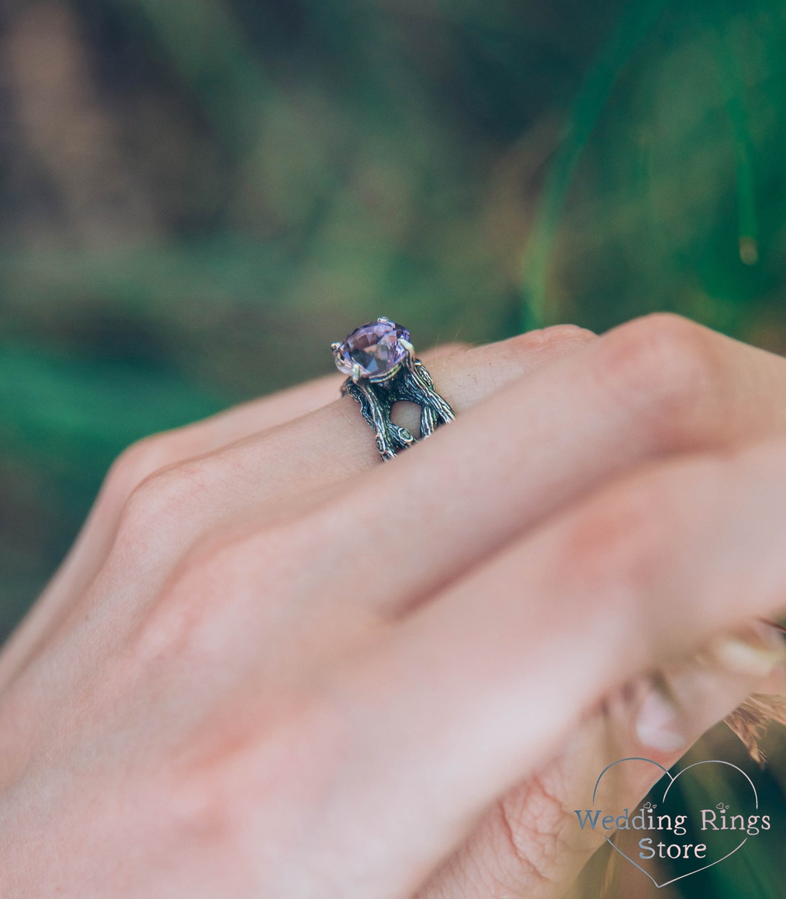 Twist Silver Twig Statement Amethyst Ring