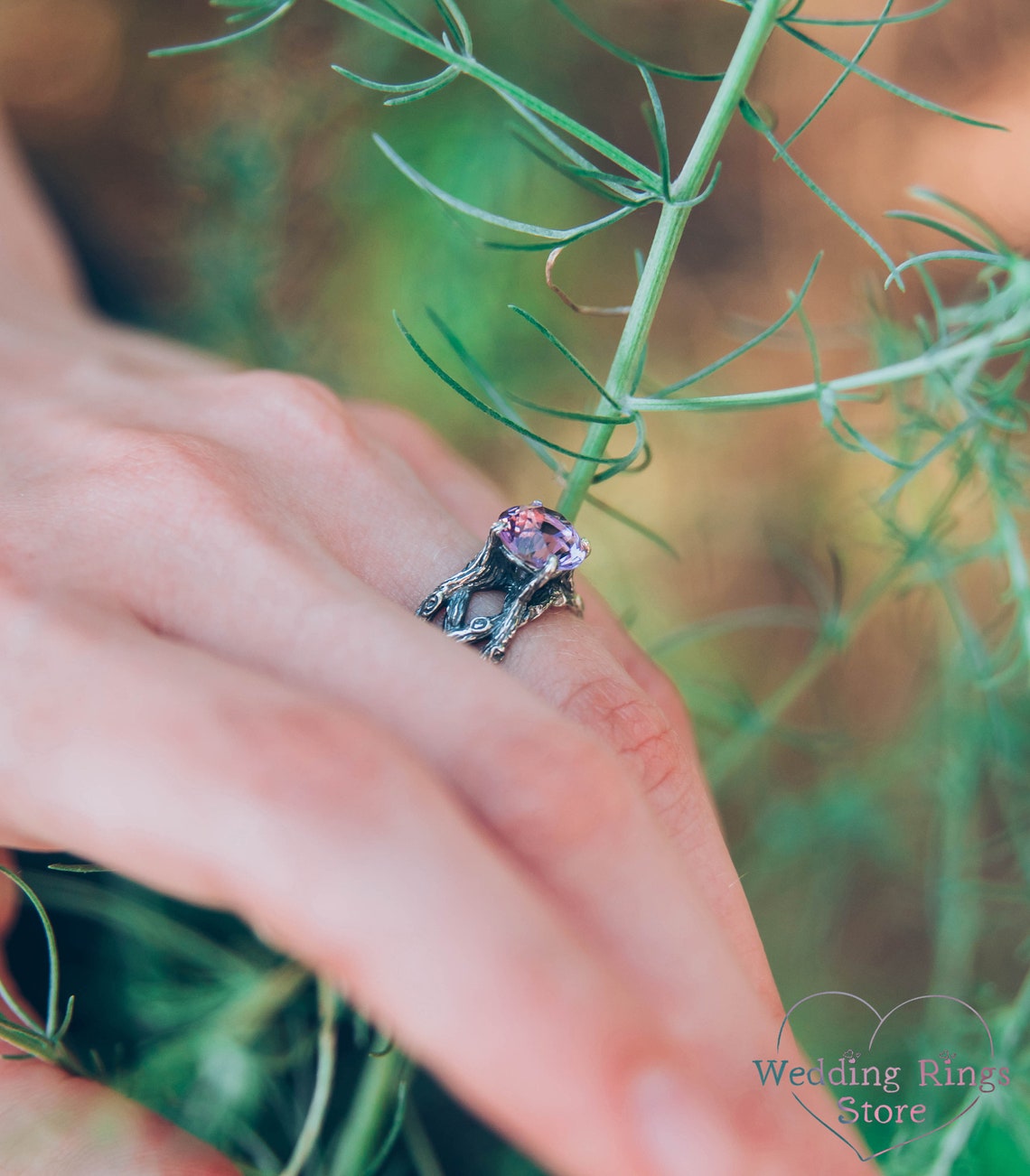 Twist Silver Twig Statement Amethyst Ring