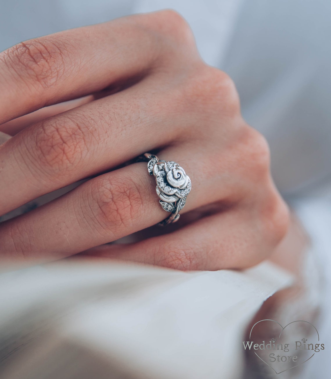 Delicate Rose in Silver Birth Flower Ring for Engagement