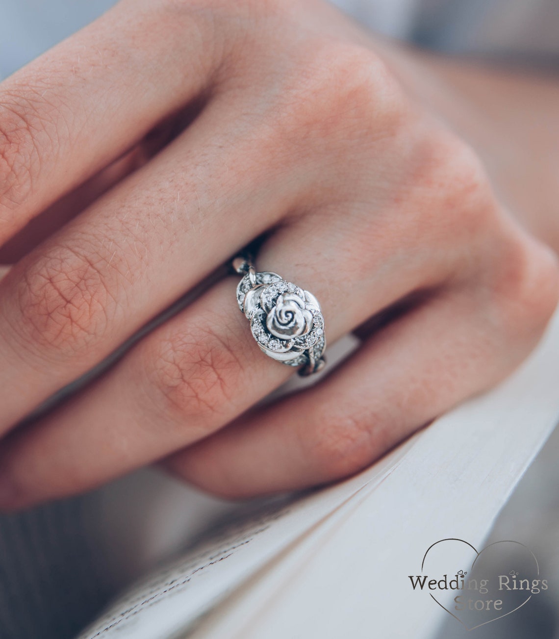 Delicate Rose in Silver Birth Flower Ring for Engagement